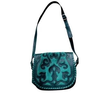 New LL Leathers in Leather Crossbody Bag Teal Green Whipstitch Boho Saddle Bag